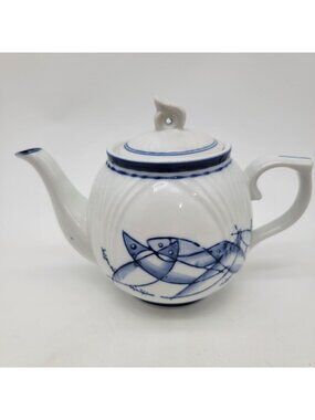 Vintage Fine Porcelain Teapot With Hand-Painted Blue Fish Design & Ornate Lid
